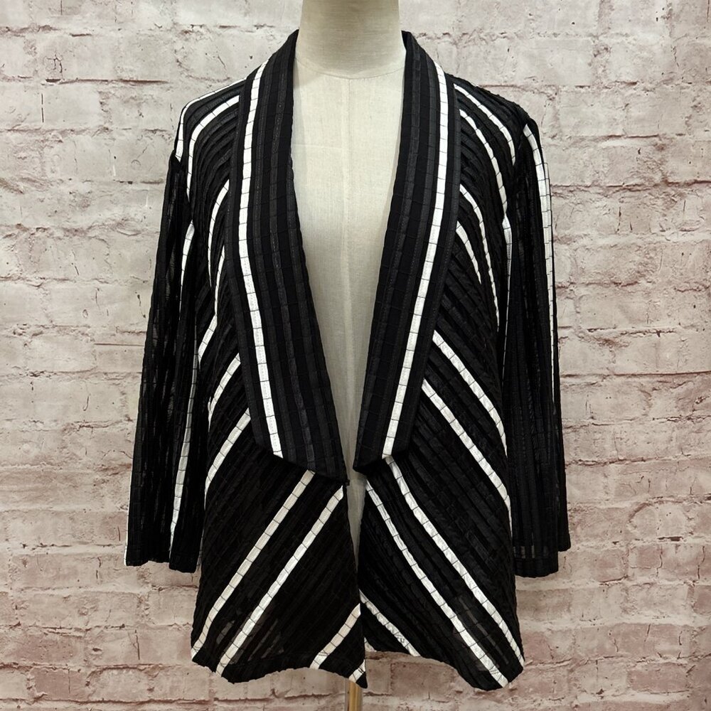 Chico's Collection 2 Aurora Jacket Black White Striped Satin Ribbon Sheer Size L